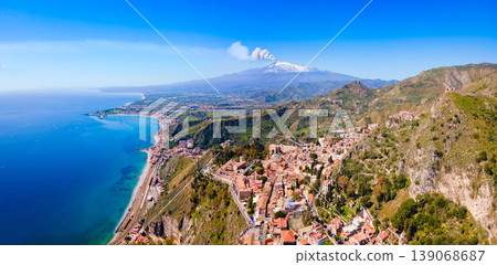 Taormina city, Etna volcano aerial panoramic view, Sicily Taormina city, Etna volcano aerial panoramic view, Sicily 139068687