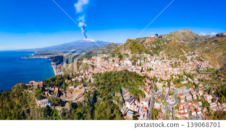 Taormina Ancient Theatre, Etna volcano aerial view, Sicily 139068701