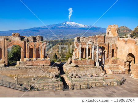 Taormina Ancient Theatre, Etna volcano aerial view, Sicily Taormina Ancient Theatre, Etna volcano aerial view, Sicily 139068704