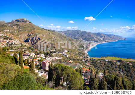 Taormina city aerial panoramic view in Sicily, Italy Taormina city aerial panoramic view in Sicily, Italy 139068705