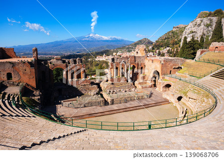 Taormina Ancient Theatre, Etna volcano aerial view, Sicily Taormina Ancient Theatre, Etna volcano aerial view, Sicily 139068706
