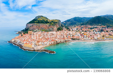 Cefalu city beach aerial panoramic view in Sicily Cefalu city beach aerial panoramic view in Sicily 139068808