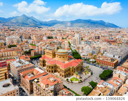 Teatro Massimo Vittorio Emanuele theater aerial view Teatro Massimo Vittorio Emanuele theater aerial view 139068826