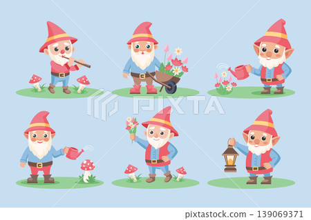 Cute garden gnomes set. Cute gnomes with flowers, lantern, watering can and wheelbarrow. Illustration. Cute garden gnomes set. Cute gnomes with flowers, lantern, watering can and wheelbarrow. Illustration. 139069371