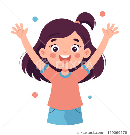 Happy cute little girl rejoices with her hands raised. Illustration. Happy cute little girl rejoices with her hands raised. Illustration. 139069376