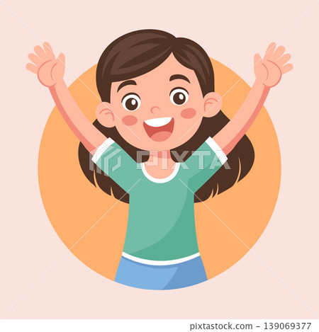 Happy cute little girl rejoices with her hands raised. Illustration. Happy cute little girl rejoices with her hands raised. Illustration. 139069377