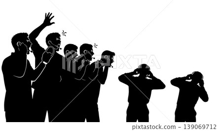 Black Solid Agents Reacting to Shouting Silhouettes Set of Six on White Background 139069712