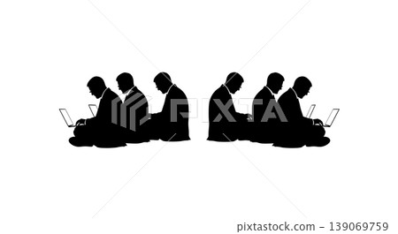 Black Solid Agents Sitting Back to Back Silhouettes Set of Six on White Background Black Solid Agents Sitting Back to Back Silhouettes Set of Six on White Background 139069759