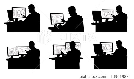 Black Solid 3D Printer Designers Checking CAD Set of Six on White Background 139069881