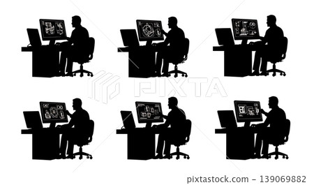 Black Solid 3D Printer Designers Checking CAD Set of Six on White Background 139069882