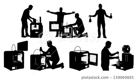 Black Solid 3D Printer Showroom Techs Removing Prints Set of Six on White Background 139069885