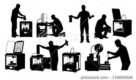 Black Solid 3D Printer Showroom Techs Removing Prints Set of Six on White Background Black Solid 3D Printer Showroom Techs Removing Prints Set of Six on White Background 139069886