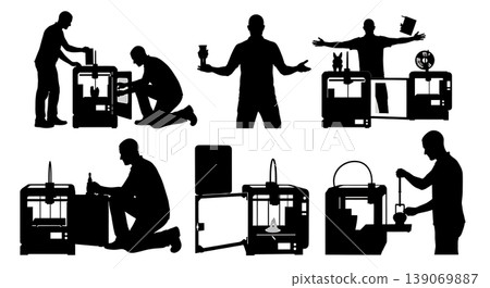 Black Solid 3D Printer Showroom Techs Removing Prints Set of Six on White Background 139069887