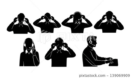 Black Solid Agents Adjusting Headsets Silhouettes Set of Six on White Background 139069909