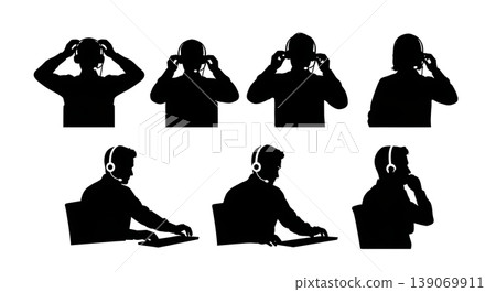 Black Solid Agents Adjusting Headsets Silhouettes Set of Six on White Background Black Solid Agents Adjusting Headsets Silhouettes Set of Six on White Background 139069911