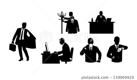 Black Solid Agents Arriving at Work Silhouettes Set of Six on White Background 139069929
