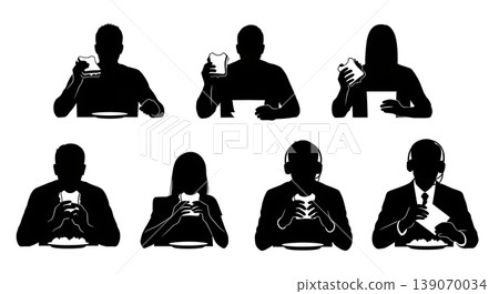 Black Solid Call Center Agents Eating Lunch Silhouettes Set of Six on White Background Black Solid Call Center Agents Eating Lunch Silhouettes Set of Six on White Background 139070034