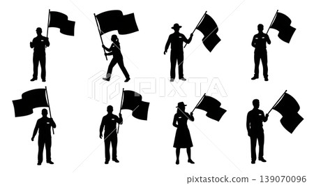 Black Solid Agents Holding Flag Silhouettes Set of Six 139070096