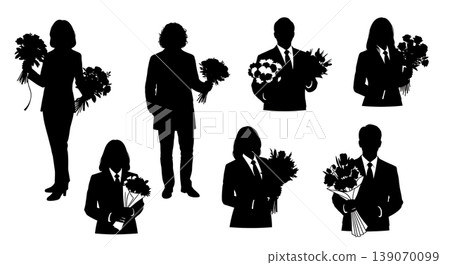 Black Solid Agents Holding Flowers Silhouettes Set of Six 139070099