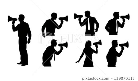 Black Solid Agents Holding Megaphone Silhouettes Set of Six 139070115