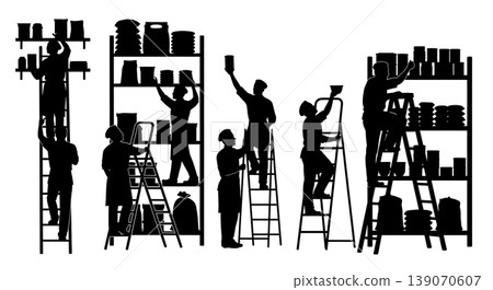 Black Solid Bakers on Ladders Set of Six on White Background Black Solid Bakers on Ladders Set of Six on White Background 139070607