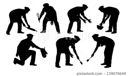 Black Solid Bakers Picking Up Utensils Set of Six on White Background Black Solid Bakers Picking Up Utensils Set of Six on White Background 139070649