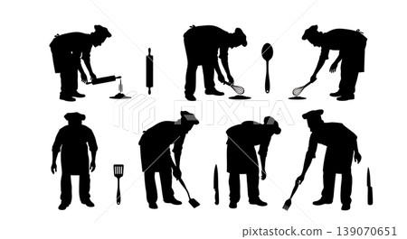 Black Solid Bakers Picking Up Utensils Set of Six on White Background Black Solid Bakers Picking Up Utensils Set of Six on White Background 139070651