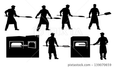 Black Solid Bakers Using Pizza Peels Set of Six on White Background 139070659