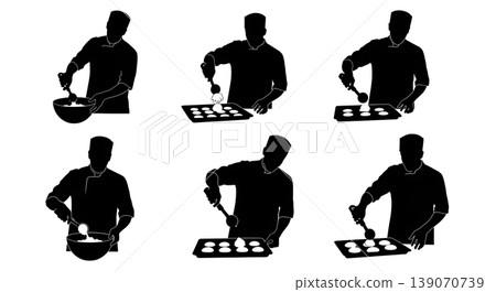 Black Solid Bakers Scooping Cookie Dough Set of Six on White Background Black Solid Bakers Scooping Cookie Dough Set of Six on White Background 139070739