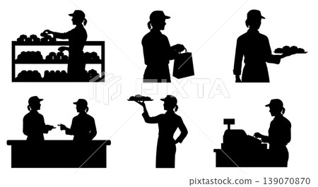 Black Solid Bakery Sales Staff Serving Pastries Set of Six on White Background 139070870