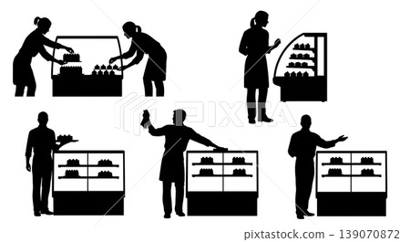 Black Solid Bakery Showroom Staff Arranging Cakes Set of Six on White Background 139070872