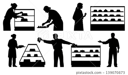 Black Solid Bakery Showroom Staff Arranging Cakes Set of Six on White Background 139070873