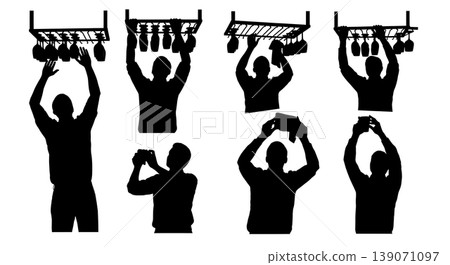 Black Solid Bartenders Adjusting Glass Racks Set of Six on White Background Black Solid Bartenders Adjusting Glass Racks Set of Six on White Background 139071097