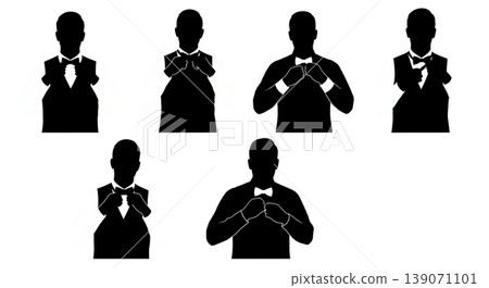 Black Solid Bartenders Adjusting Ties Set of Six on White Background Black Solid Bartenders Adjusting Ties Set of Six on White Background 139071101