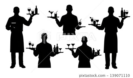 Black Solid Bartenders Carrying Drink Trays Set of Six on White Background Black Solid Bartenders Carrying Drink Trays Set of Six on White Background 139071110