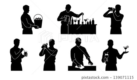 Black Solid Bartenders Carrying Ice Buckets Set of Six on White Background Black Solid Bartenders Carrying Ice Buckets Set of Six on White Background 139071115