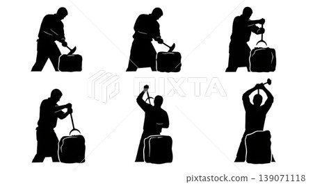 Black Solid Bartenders Carving Ice Blocks Set of Six on White Background Black Solid Bartenders Carving Ice Blocks Set of Six on White Background 139071118