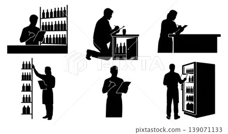 Black Solid Bartenders Checking Inventory Set of Six on White Background 139071133
