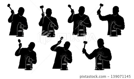 Black Solid Bartenders Crushing Ice with Mallets Set of Six on White Background Black Solid Bartenders Crushing Ice with Mallets Set of Six on White Background 139071145