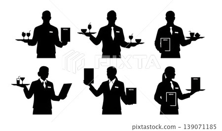 Black Solid Bartenders Handing Menus Set of Six on White Background Black Solid Bartenders Handing Menus Set of Six on White Background 139071185