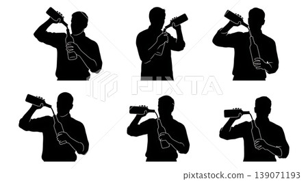 Black Solid Bartenders Holding Bottles by Neck Set of Six on White Background Black Solid Bartenders Holding Bottles by Neck Set of Six on White Background 139071193