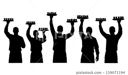 Black Solid Bartenders Holding Shot Trays Set of Six on White Background Black Solid Bartenders Holding Shot Trays Set of Six on White Background 139071194