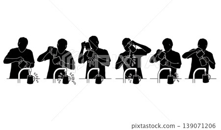 Black Solid Baristas Rinsing Pitchers Silhouettes Set of Six on White Background Black Solid Baristas Rinsing Pitchers Silhouettes Set of Six on White Background 139071206