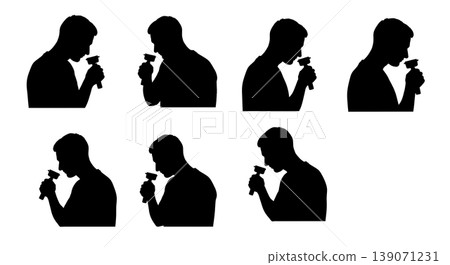 Black Solid Baristas Smelling Coffee Silhouettes Set of Six on White Background Black Solid Baristas Smelling Coffee Silhouettes Set of Six on White Background 139071231