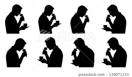 Black Solid Baristas Smelling Coffee Silhouettes Set of Six on White Background Black Solid Baristas Smelling Coffee Silhouettes Set of Six on White Background 139071233