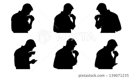 Black Solid Baristas Smelling Cup Silhouettes Set of Six on White Background Black Solid Baristas Smelling Cup Silhouettes Set of Six on White Background 139071235