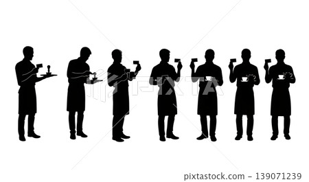 Black Solid Baristas Stamping Loyalty Card Silhouettes Set of Six on White Background Black Solid Baristas Stamping Loyalty Card Silhouettes Set of Six on White Background 139071239