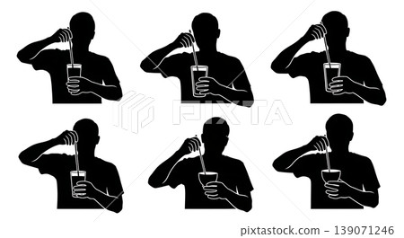 Black Solid Baristas Stirring Drink Silhouettes Set of Six on White Background Black Solid Baristas Stirring Drink Silhouettes Set of Six on White Background 139071246
