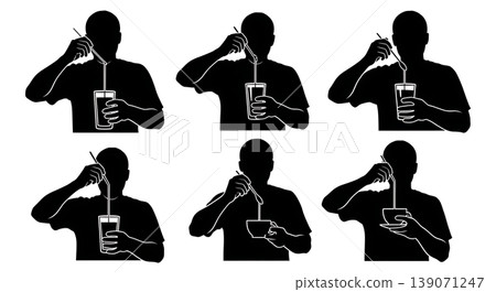 Black Solid Baristas Stirring Drink Silhouettes Set of Six on White Background 139071247