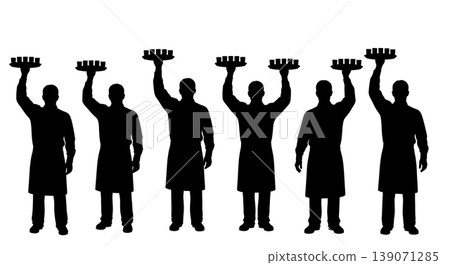 Black Solid Bartenders Holding Shot Trays Set of Six on White Background Black Solid Bartenders Holding Shot Trays Set of Six on White Background 139071285